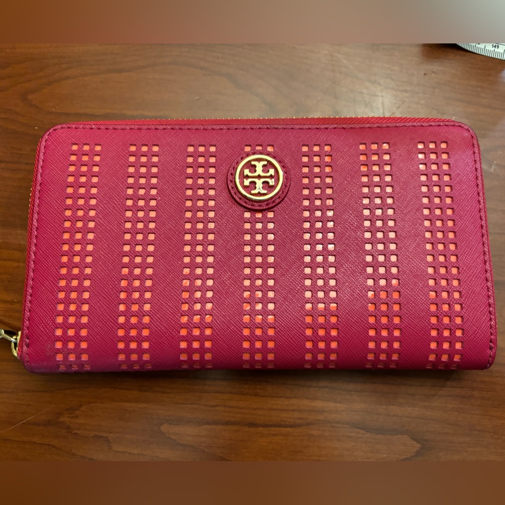 Tory Burch Wallet Hot Pink with Orange cut outs